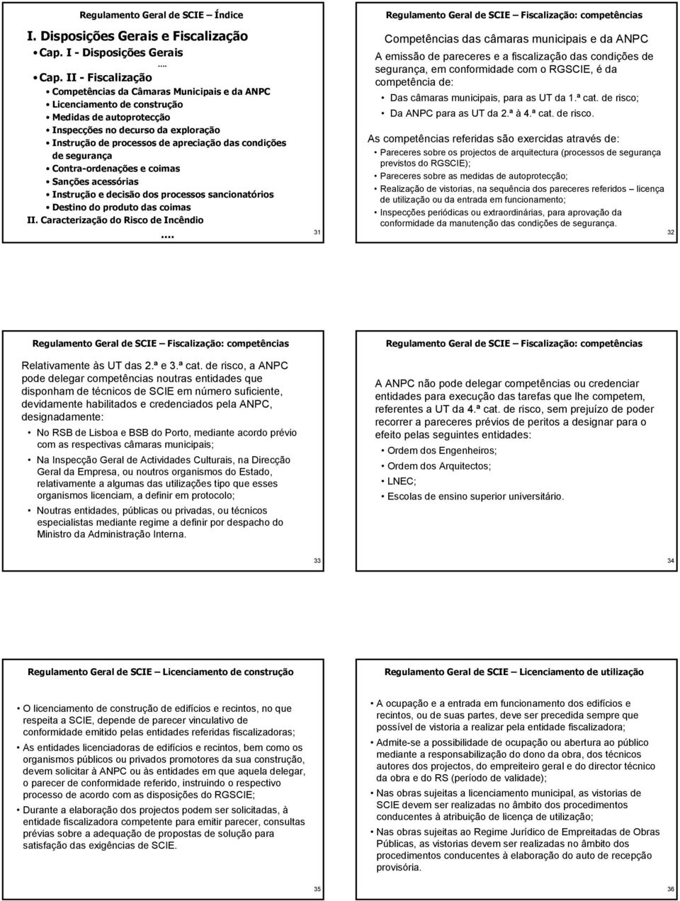 II Fiscalização Competências da Câmaras Municipais e da ANPC Licenciamento de construção Medidas de autoprotecção Inspecções no decurso da exploração Instrução de processos de apreciação das