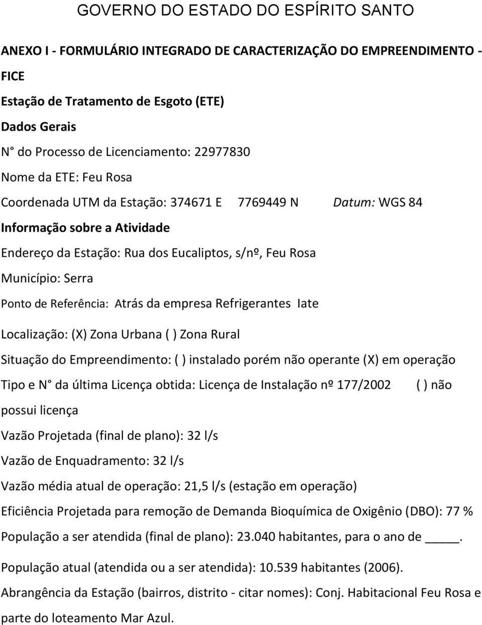 Refrigerantes Iate Localização: (X) Zona Urbana ( ) Zona Rural Situação do Empreendimento: ( ) instalado porém não operante (X) em operação Tipo e N da última Licença obtida: Licença de Instalação nº