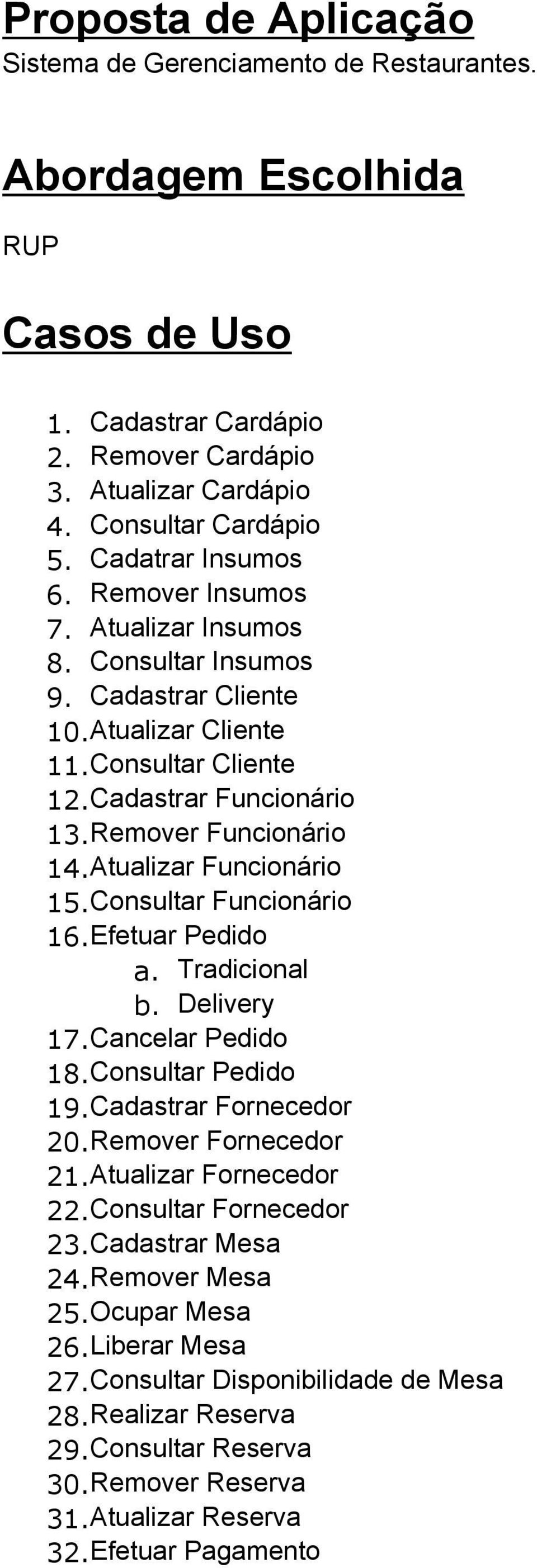 Atualizar Funcionário 15.Consultar Funcionário 16.Efetuar Pedido a. Tradicional b. Delivery 17.Cancelar Pedido 18.Consultar Pedido 19.Cadastrar Fornecedor 20.Remover Fornecedor 21.