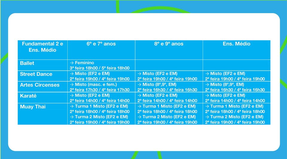 ) 2ª feira 17h30 / 4ª feira 17h30 2ª feira 14h00 / 4ª feira 14h00 Turma 1 Misto (EF2 e EM) 2ª feira 18h00 / 4ª feira 18h00 Turma 2 Misto (EF2 e EM) 2ª feira 19h00 / 4ª feira 19h00 2ª feira 19h00 / 4ª