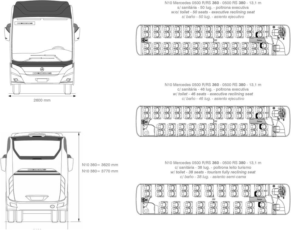 - asiento ejecutivo 2600 mm N10 Mercedes 0500 R/RS 360-0500 RS 380-13,1 m c/ sanitária - 46 lug.