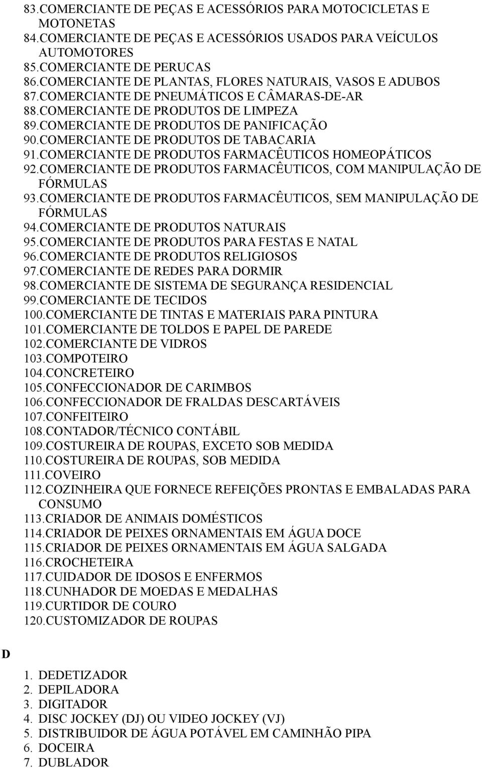 COMERCIANTE DE PRODUTOS DE TABACARIA 91.COMERCIANTE DE PRODUTOS FARMACÊUTICOS HOMEOPÁTICOS 92.COMERCIANTE DE PRODUTOS FARMACÊUTICOS, COM MANIPULAÇÃO DE FÓRMULAS 93.