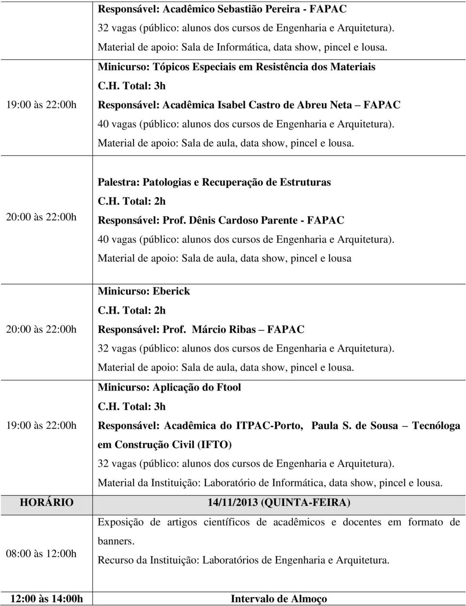 Dênis Cardoso Parente - FAPAC Material de apoio: Sala de aula, data show, pincel e lousa 08:00 às 12:00h Minicurso: Eberick Responsável: Prof.
