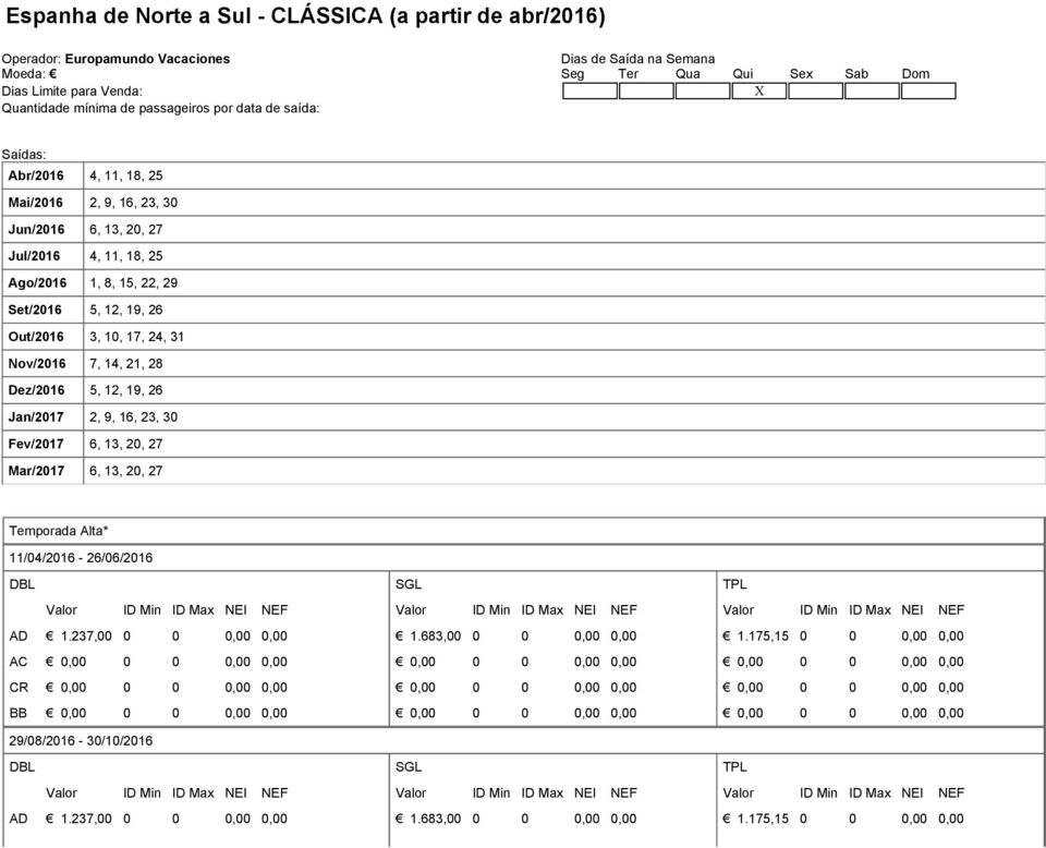 Set/2016 5, 12, 19, 26 Out/2016 3, 10, 17, 24, 31 Nov/2016 7, 14, 21, 28 Dez/2016 5, 12, 19, 26 Jan/2017 2, 9, 16, 23, 30 Fev/2017 6, 13, 20, 27 Mar/2017 6, 13, 20, 27 Temporada Alta*