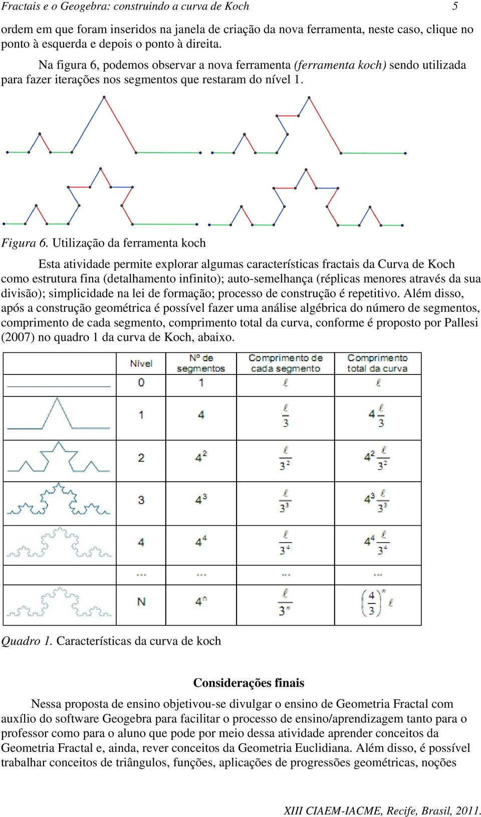 Utilização da ferramenta koch Esta atividade permite explorar algumas características fractais da Curva de Koch como estrutura fina (detalhamento infinito); auto-semelhança (réplicas menores através
