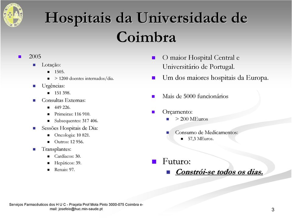 Outros: 12 956. Transplantes: Cardíacos: 30. Hepáticos: 39. Renais: 97. O maior Hospital Central e Universitário de Portugal.