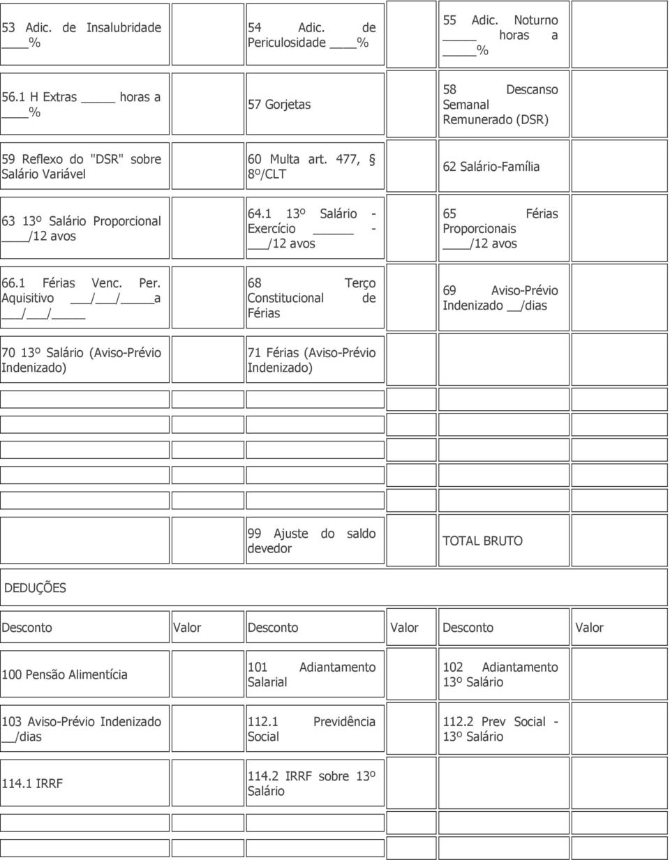 1 13º Salário - Exercício - /12 avos 65 Férias Proporcionais /12 avos 66.1 Férias Venc. Per.