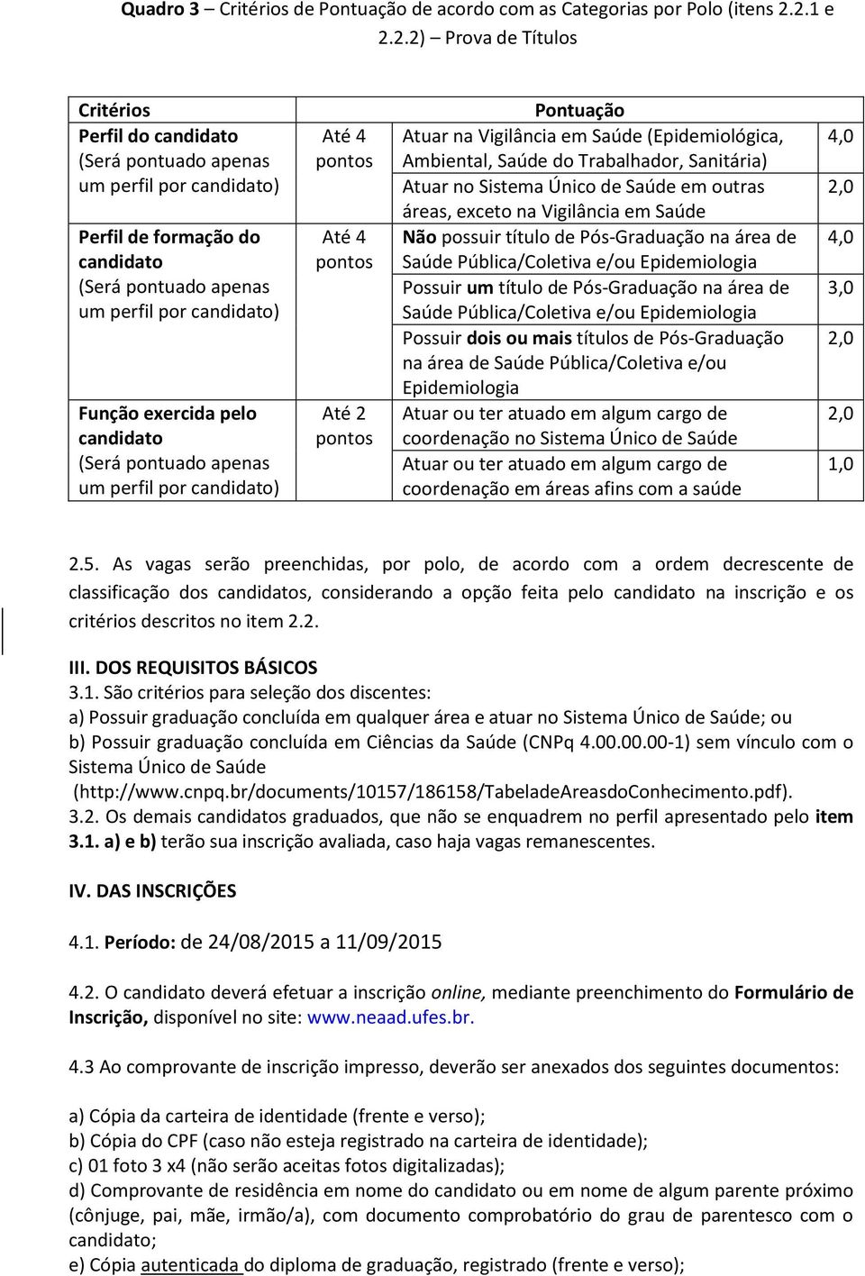 Ambiental, Saúde do Trabalhador, Sanitária) Atuar no Sistema Único de Saúde em outras áreas, exceto na Vigilância em Saúde Não possuir título de Pós-Graduação na área de Saúde Pública/Coletiva e/ou