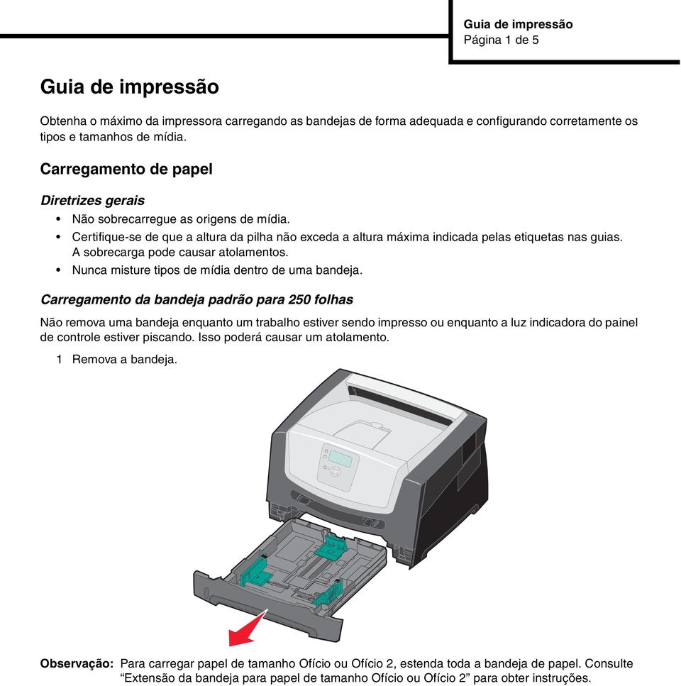 A sobrecarga pode causar atolamentos. Nunca misture tipos de mídia dentro de uma bandeja.