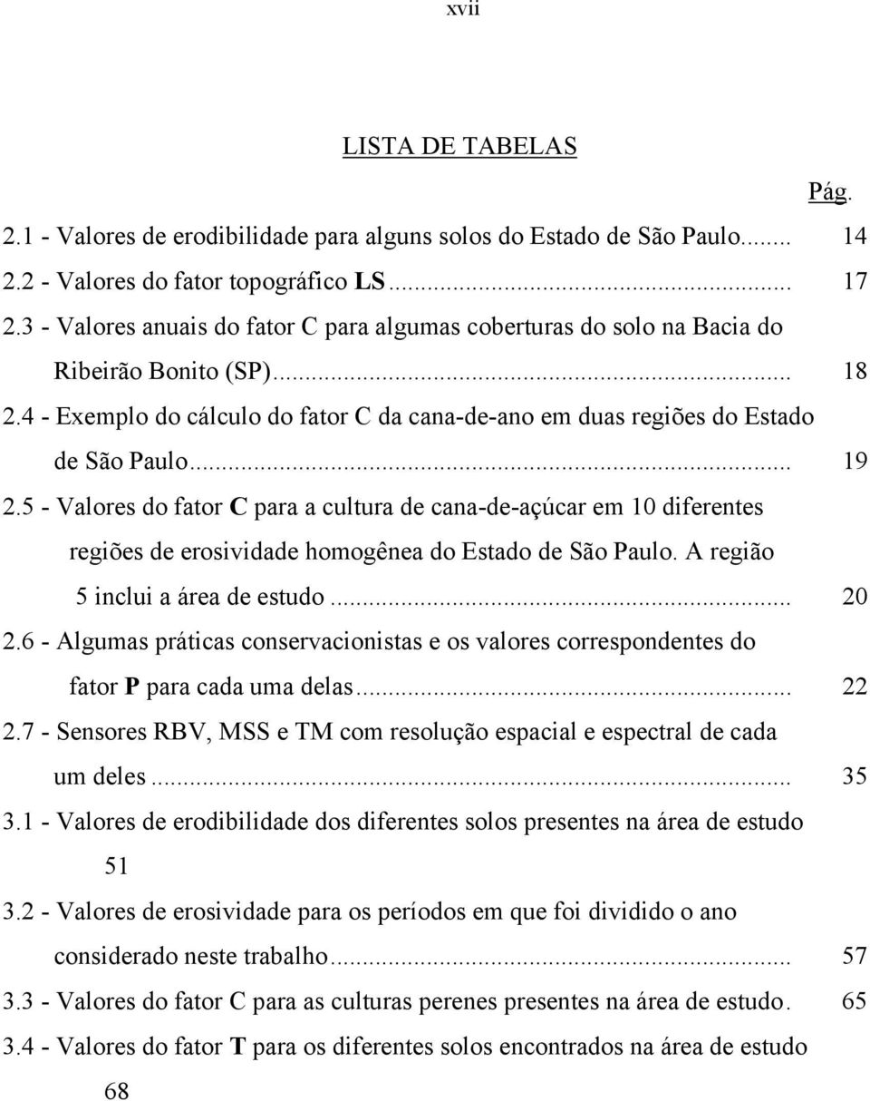 5 - Valores do fator C para a cultura de cana-de-açúcar em 10 diferentes regiões de erosividade homogênea do Estado de São Paulo. A região 5 inclui a área de estudo... 20 2.