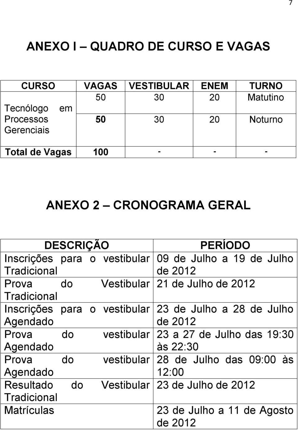 do vestibular Agendado Prova do vestibular Agendado Resultado do Vestibular Tradicional Matrículas PERÍODO 09 de Julho a 19 de Julho de 2012 21 de Julho de