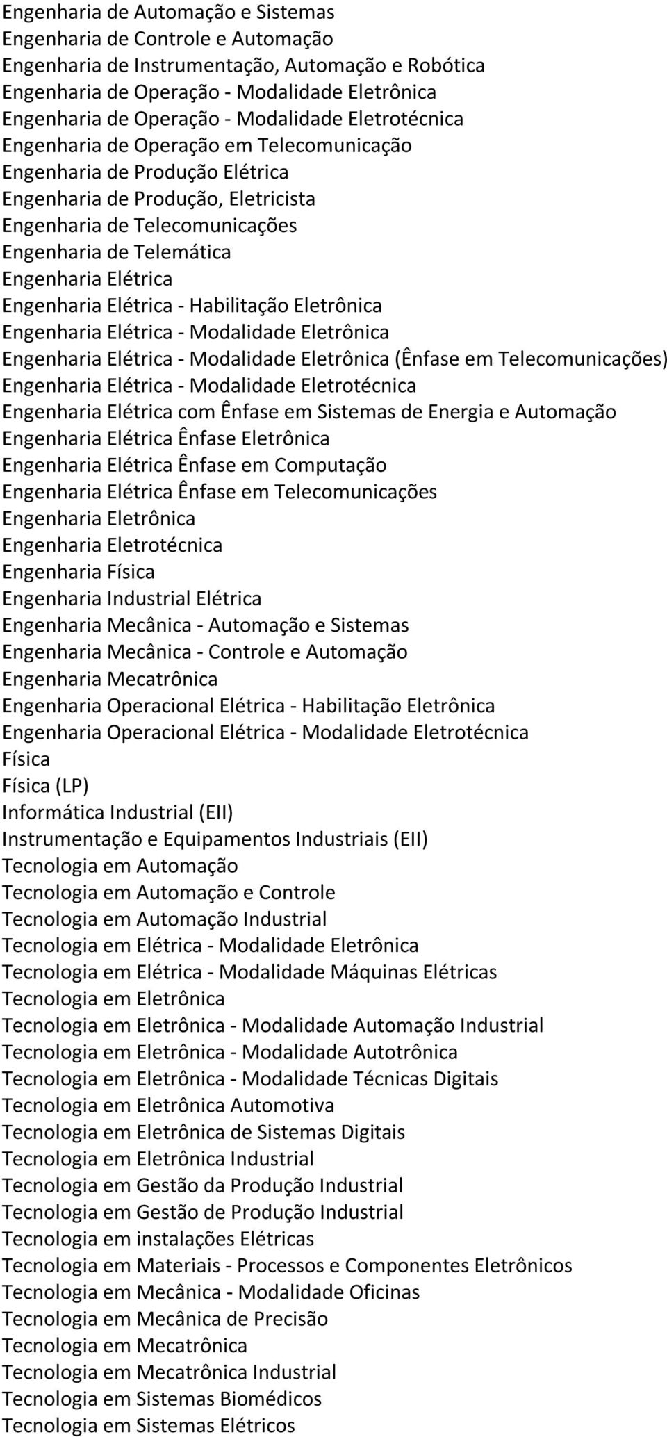 Industriais (EII) Tecnologia em Elétrica - Modalidade Eletrônica - Modalidade Automação Industrial - Modalidade Autotrônica Automotiva Industrial Tecnologia em Gestão da Produção
