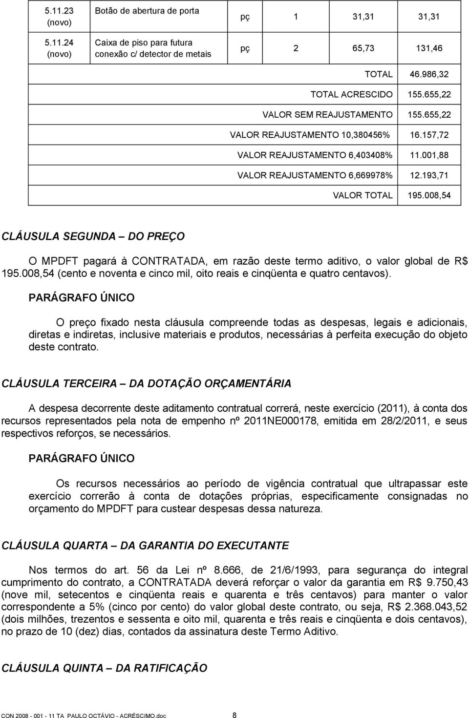 008,54 CLÁUSULA SEGUNDA DO PREÇO O MPDFT pagará à CONTRATADA, em razão deste termo aditivo, o valor global de R$ 195.008,54 (cento e noventa e cinco mil, oito reais e cinqüenta e quatro centavos).