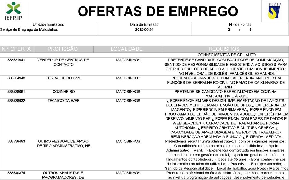 CLIENTE COM CONHECIMENTOS AO NÍVEL ORAL DE INGLÊS, FRANCÊS OU ESPANHOL PRETENDE-SE CANDIDATO COM EXPERIENCIA ANTERIOR EM FUNÇÕES DE SERRALHEIRO CIVIL NO RAMO DE CAIXILHARIAS DE ALUMINIO PRETENDE-SE