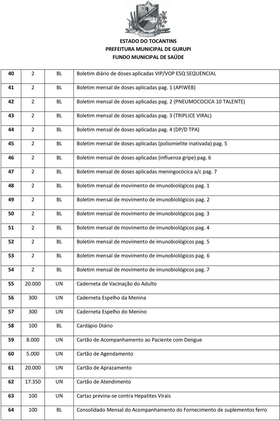 4 (DP/D TPA) 45 2 Boletim mensal de doses aplicadas (poliomielite inativada) pag. 5 46 2 Boletim mensal de doses aplicadas (influenza gripe) pag.