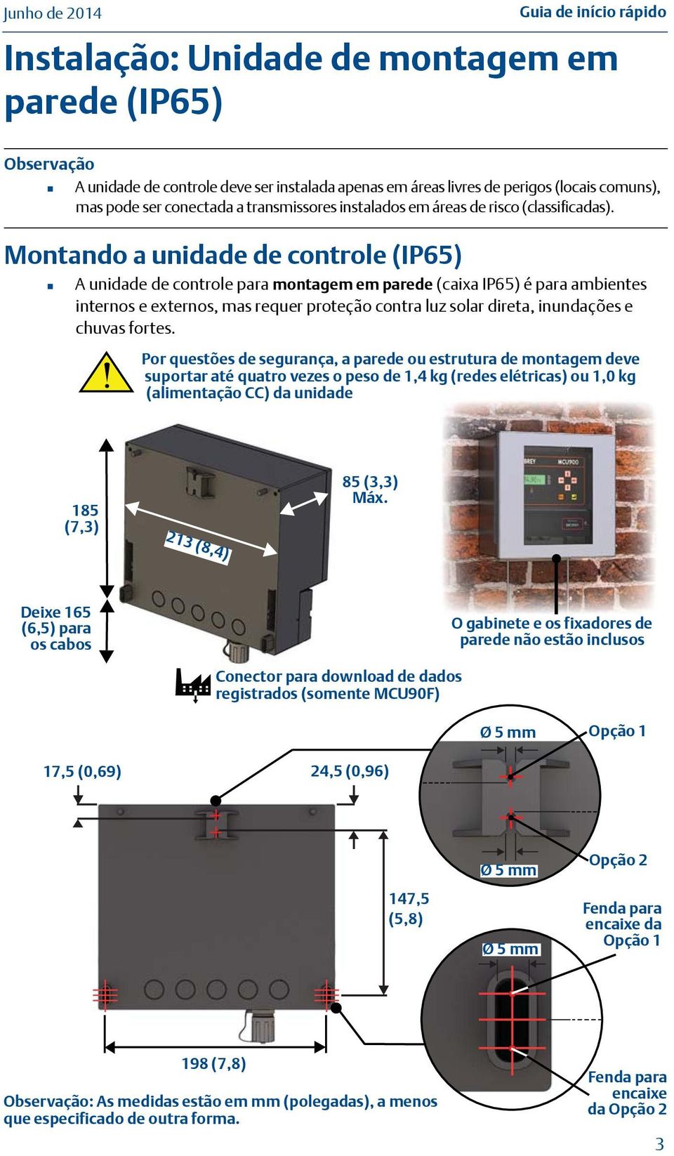 Montando a unidade de controle (IP65) A unidade de controle para montagem em parede (caixa IP65) é para ambientes internos e externos, mas requer proteção contra luz solar direta, inundações e chuvas