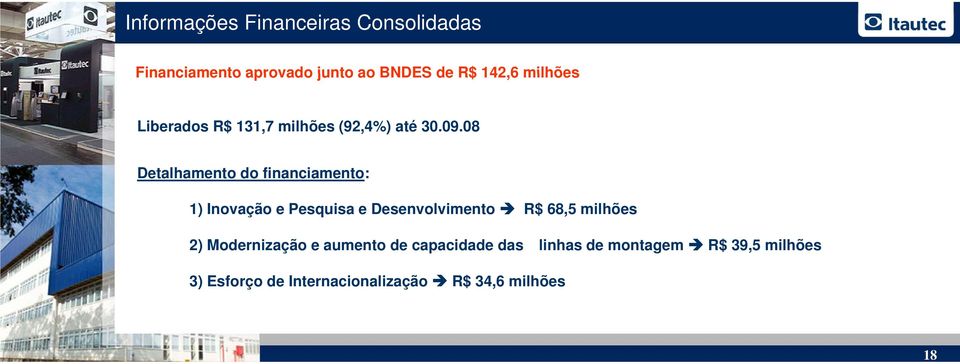 08 Detalhamento do financiamento: 1) Inovação e Pesquisa e Desenvolvimento R$ 68,5 milhões