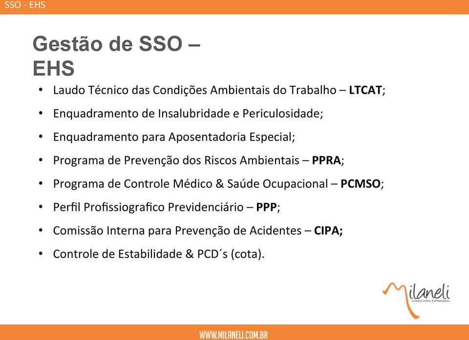 Riscos Ambientais PPRA; Programa de Controle Médico & Saúde Ocupacional PCMSO; Perfil Profissiografico