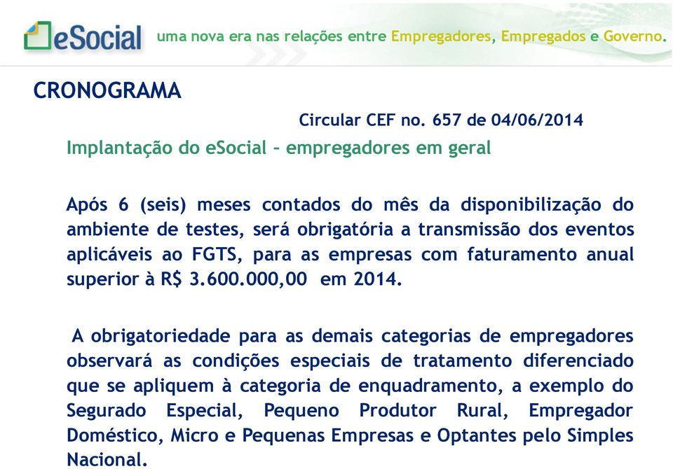 obrigatória a transmissão dos eventos aplicáveis ao FGTS, para as empresas com faturamento anual superior à R$ 3.600.000,00 em 2014.