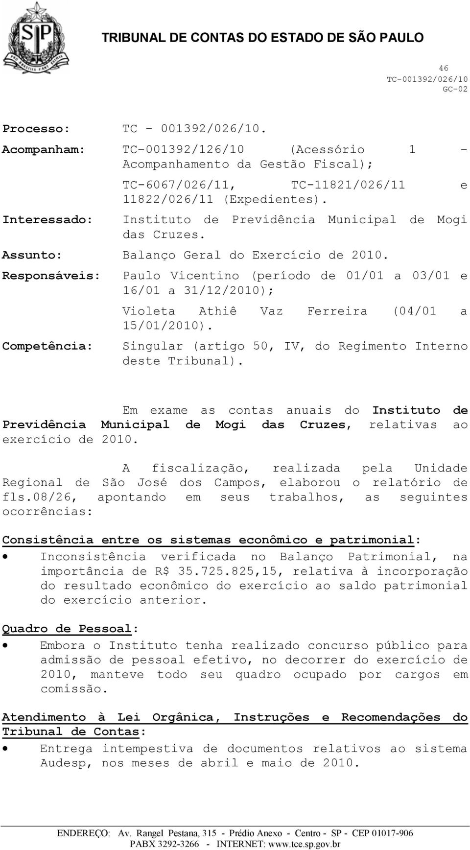 Responsáveis: Paulo Vicentino (período de 01/01 a 03/01 e 16/01 a 31/12/2010); Violeta Athiê Vaz Ferreira (04/01 a 15/01/2010).