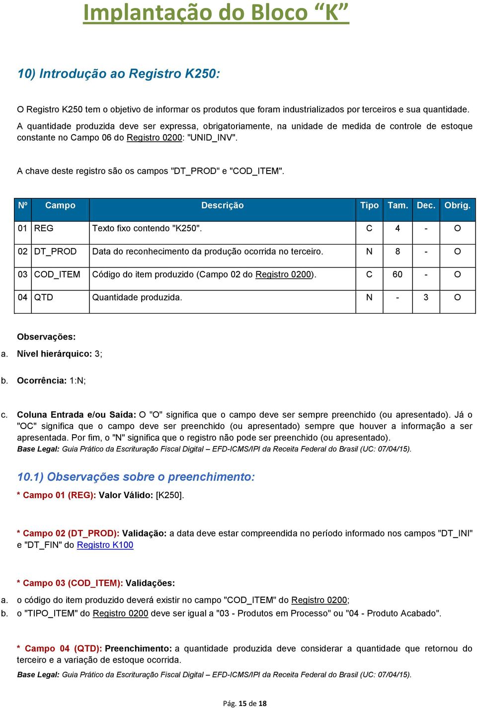 A chave deste registro são os campos "DT_PROD" e "COD_ITEM". 01 REG Texto fixo contendo "K250". C 4 - O 02 DT_PROD Data do reconhecimento da produção ocorrida no terceiro.