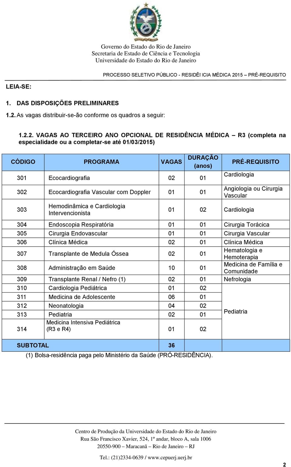 2. VAGAS AO TERCEIRO ANO OPCIONAL DE RESIDÊNCIA MÉDICA R3 (completa na especialidade ou a completar-se até 01/03/2015) CÓDIGO PROGRAMA VAGAS DURAÇÃO (anos) 301 Ecocardiografia 02 01 302