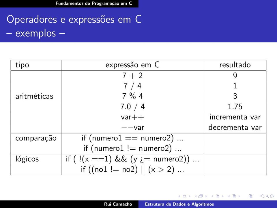 75 var++ incrementa var var decrementa var comparação if (numero1 ==