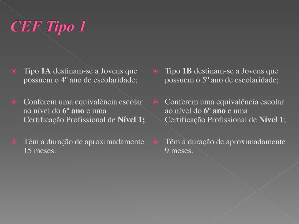 Certificação Profissional de Nível 1; Conferem uma equivalência escolar ao nível do 6º ano e uma