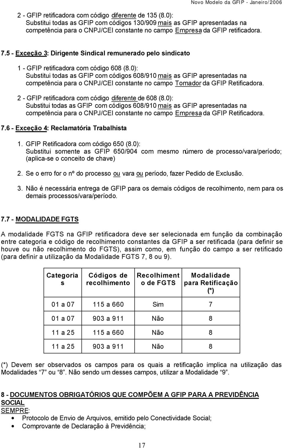 5 - Exceção 3: Dirigente Sindical remunerado pelo sindicato 1 - GFIP retificadora com código 608 (8.