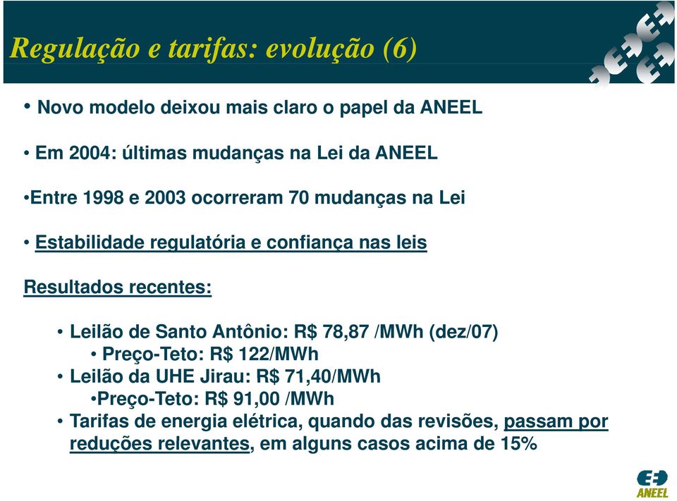 Leilão de Santo Antônio: R$ 78,87 /MWh (dez/07) Preço-Teto: R$ 122/MWh Leilão da UHE Jirau: R$ 71,40/MWh Preço-Teto: R$