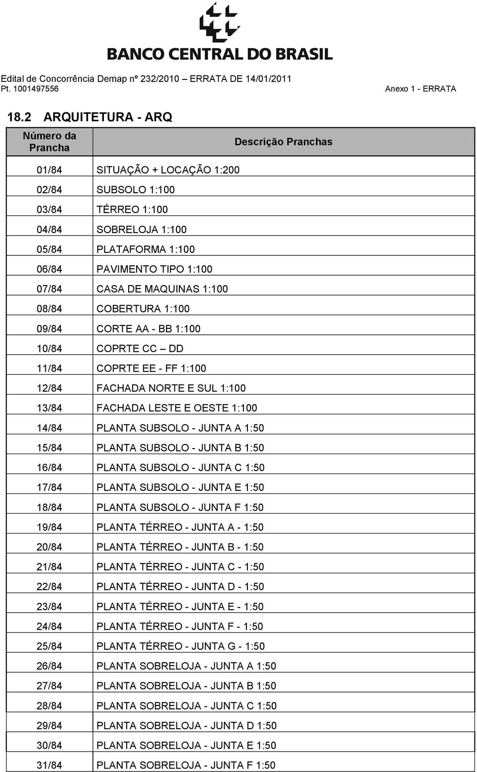 1:50 15/84 PLANTA SUBSOLO - JUNTA B 1:50 16/84 PLANTA SUBSOLO - JUNTA C 1:50 17/84 PLANTA SUBSOLO - JUNTA E 1:50 18/84 PLANTA SUBSOLO - JUNTA F 1:50 19/84 PLANTA TÉRREO - JUNTA A - 1:50 20/84 PLANTA