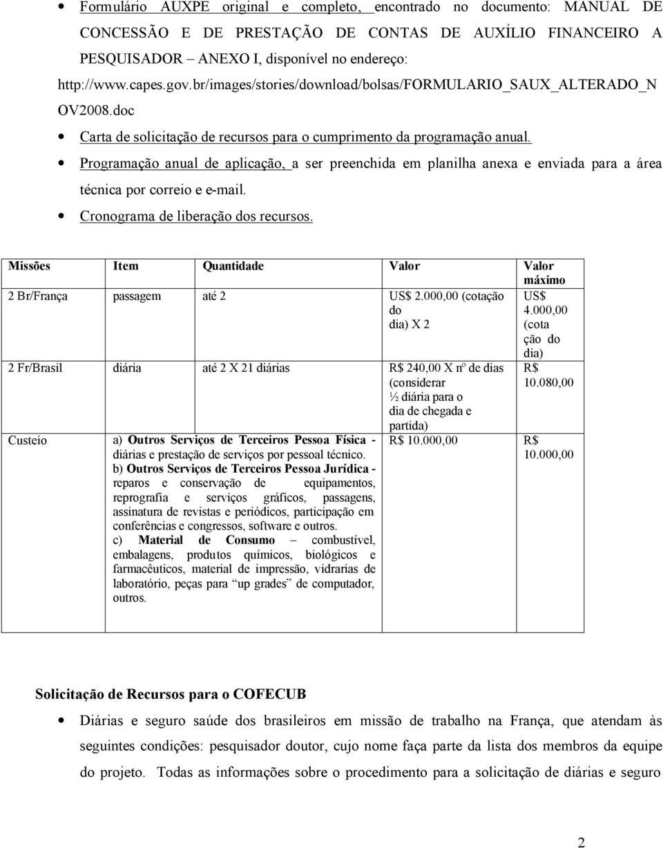 Programação anual de aplicação, a ser preenchida em planilha anexa e enviada para a área técnica por correio e e-mail. Cronograma de liberação dos recursos.