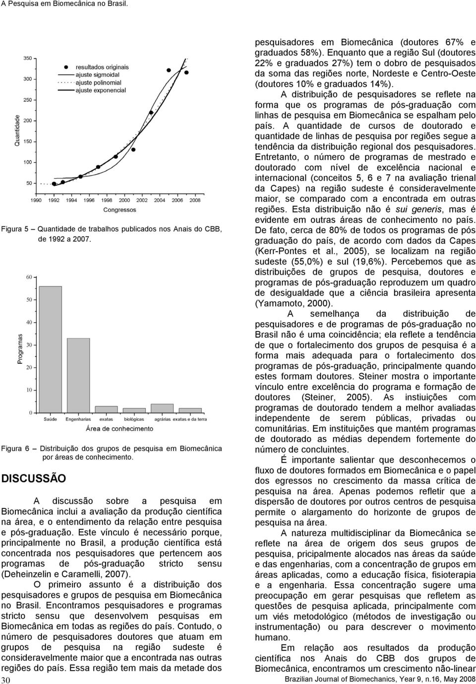 DISCUSSÃO A discussão sobre a pesquisa em Biomecânica inclui a avaliação da produção científica na área, e o entendimento da relação entre pesquisa e pós-graduação.