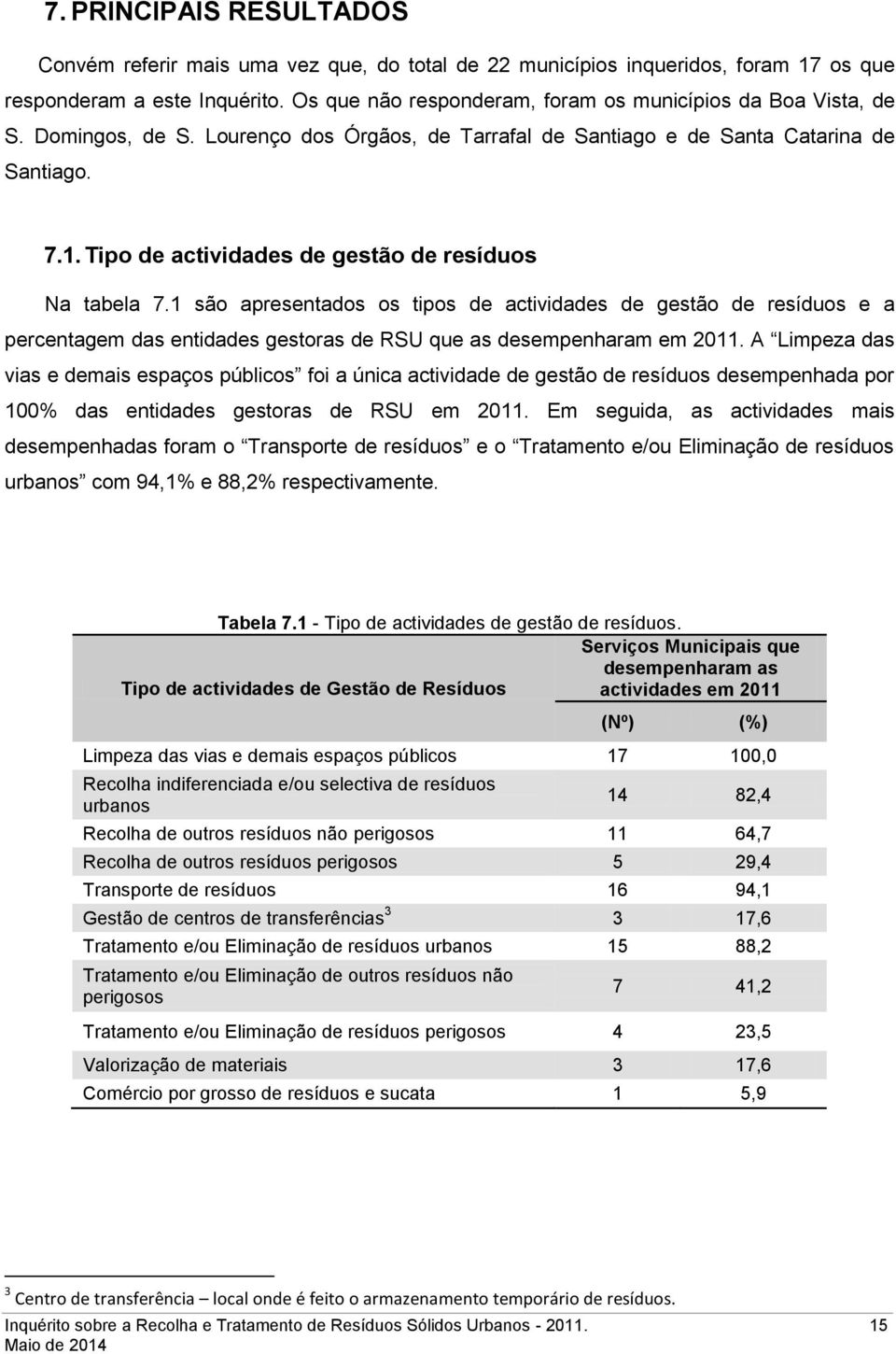 Tipo de actividades de gestão de resíduos Na tabela 7.1 são apresentados os tipos de actividades de gestão de resíduos e a percentagem das entidades gestoras de RSU que as desempenharam em 2011.