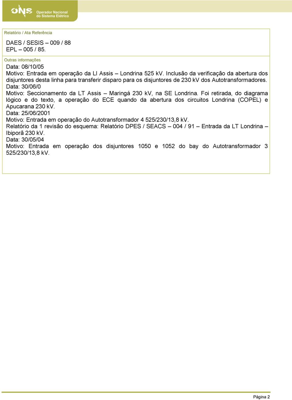 Data: 30/06/0 Motivo: Seccionamento da LT Assis Maringá 230 kv, na SE Londrina.