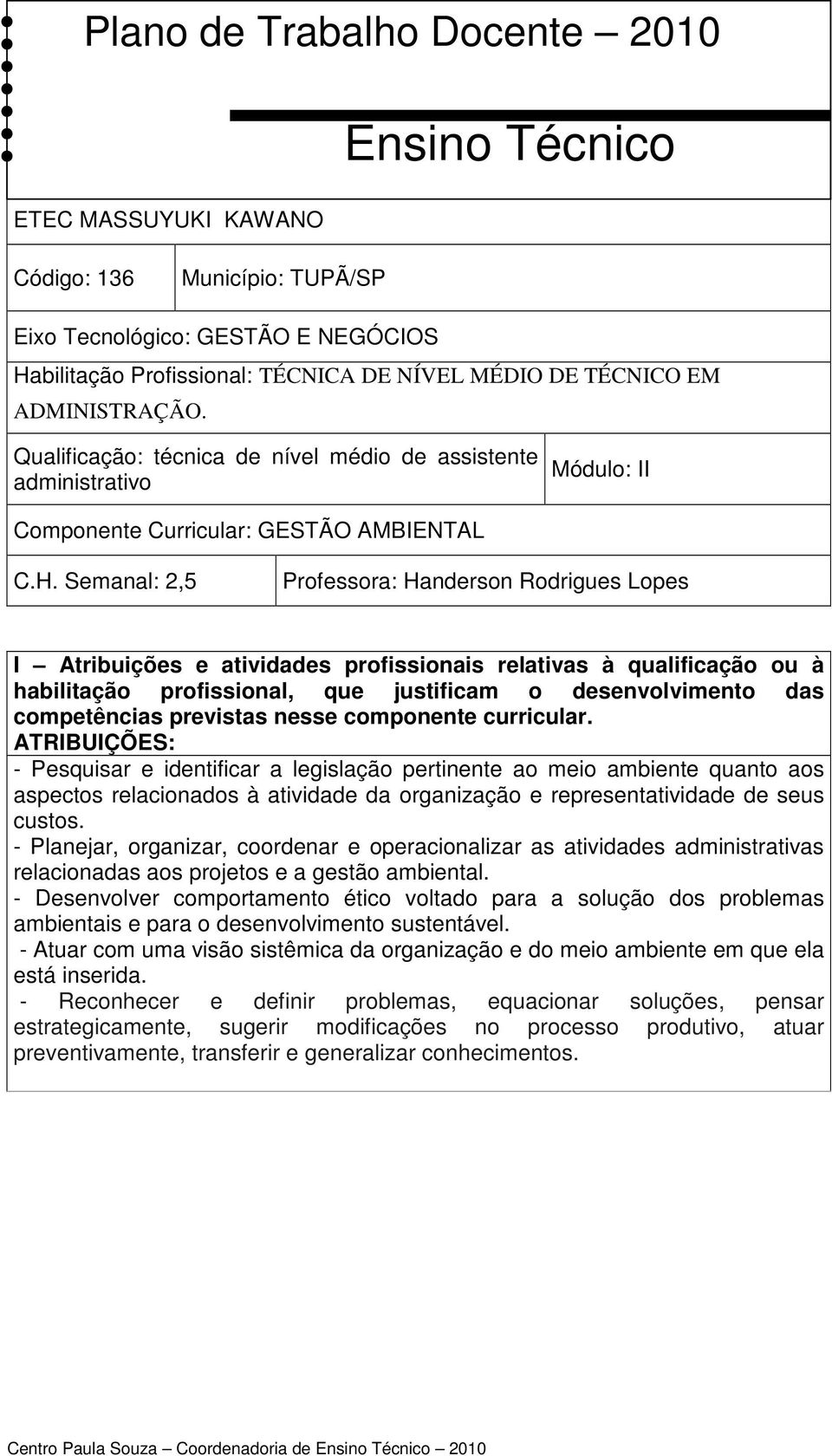 Semanal: 2,5 Professora: Handerson Rodrigues Lopes I Atribuições e atividades profissionais relativas à qualificação ou à habilitação profissional, que justificam o desenvolvimento das competências