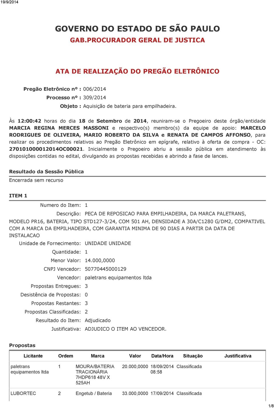 Às 12:00:42 horas do dia 18 de Setembro de 2014, reuniram-se o Pregoeiro deste órgão/entidade MARCIA REGINA MERCES MASSONI e respectivo(s) membro(s) da equipe de apoio: MARCELO RODRIGUES DE OLIVEIRA,