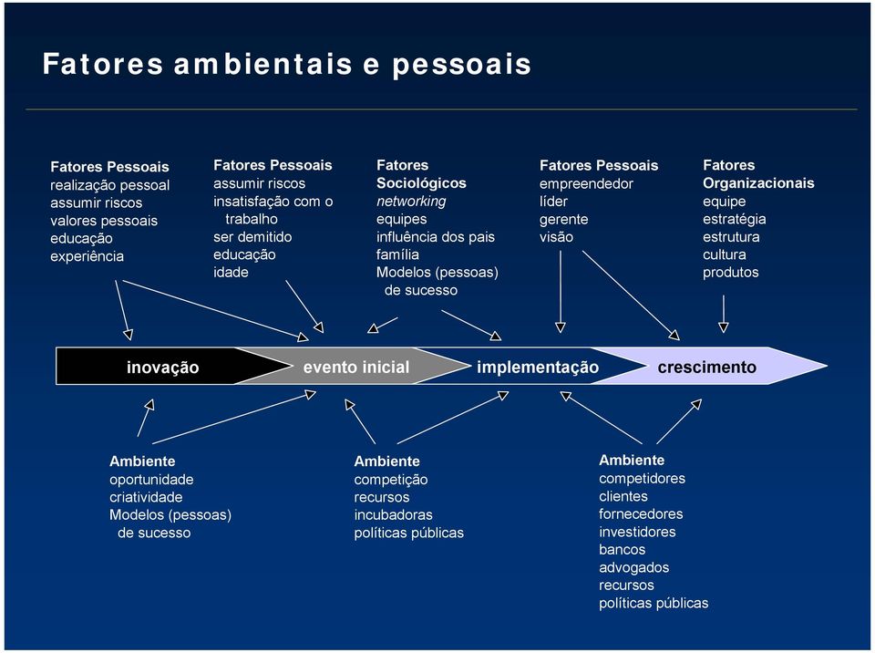 gerente visão Fatores Organizacionais equipe estratégia estrutura cultura produtos inovação evento inicial implementação crescimento Ambiente oportunidade criatividade