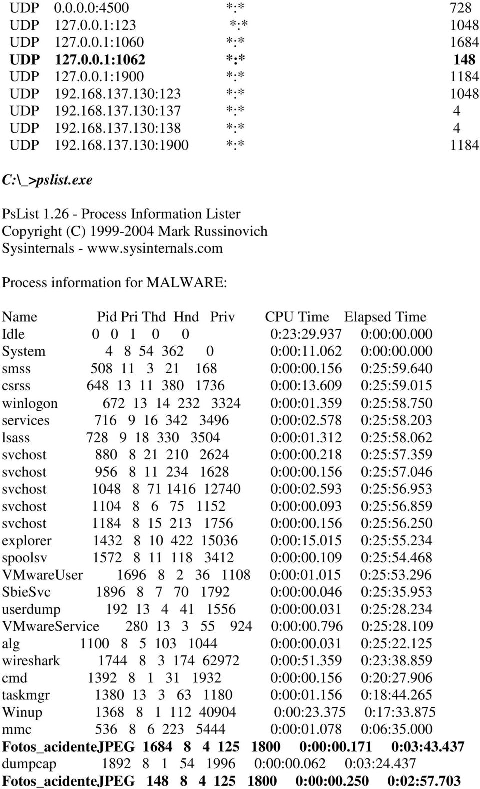 com Process information for MALWARE: Name Pid Pri Thd Hnd Priv CPU Time Elapsed Time Idle 0 0 1 0 0 0:23:29.937 0:00:00.000 System 4 8 54 362 0 0:00:11.062 0:00:00.000 smss 508 11 3 21 168 0:00:00.