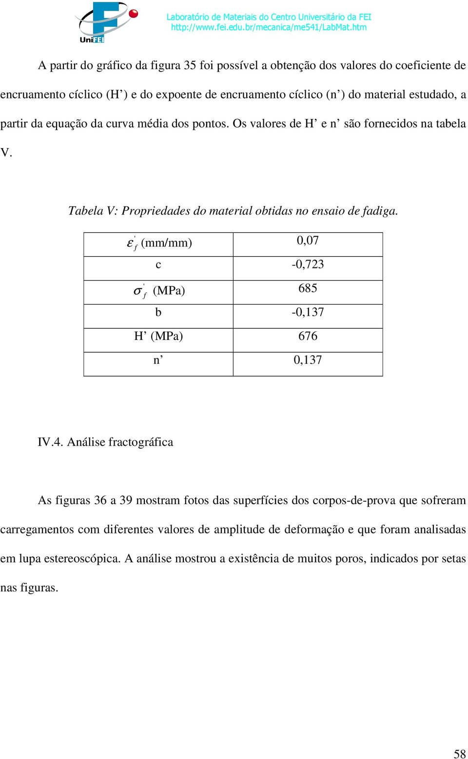 ' ε f (mm/mm) 0,07 c -0,723 ' σ f (MPa) 685 b -0,37 H (MPa) 676 n 0,37 IV.4.