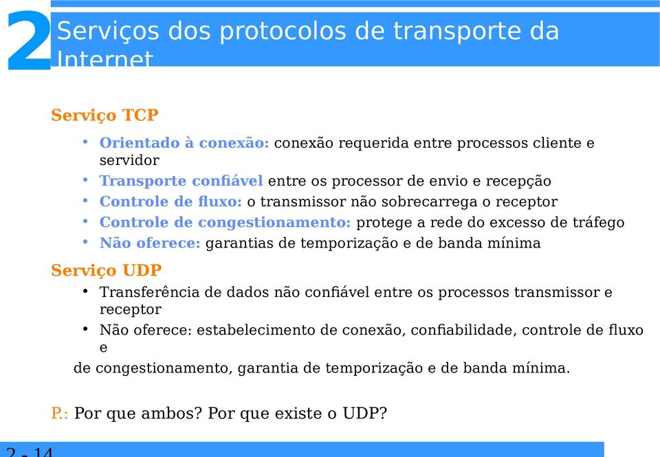 Não oferece: garantias de temporização e de banda mínima Serviço UDP Transferência de dados não confiável entre os processos transmissor e receptor Não oferece: