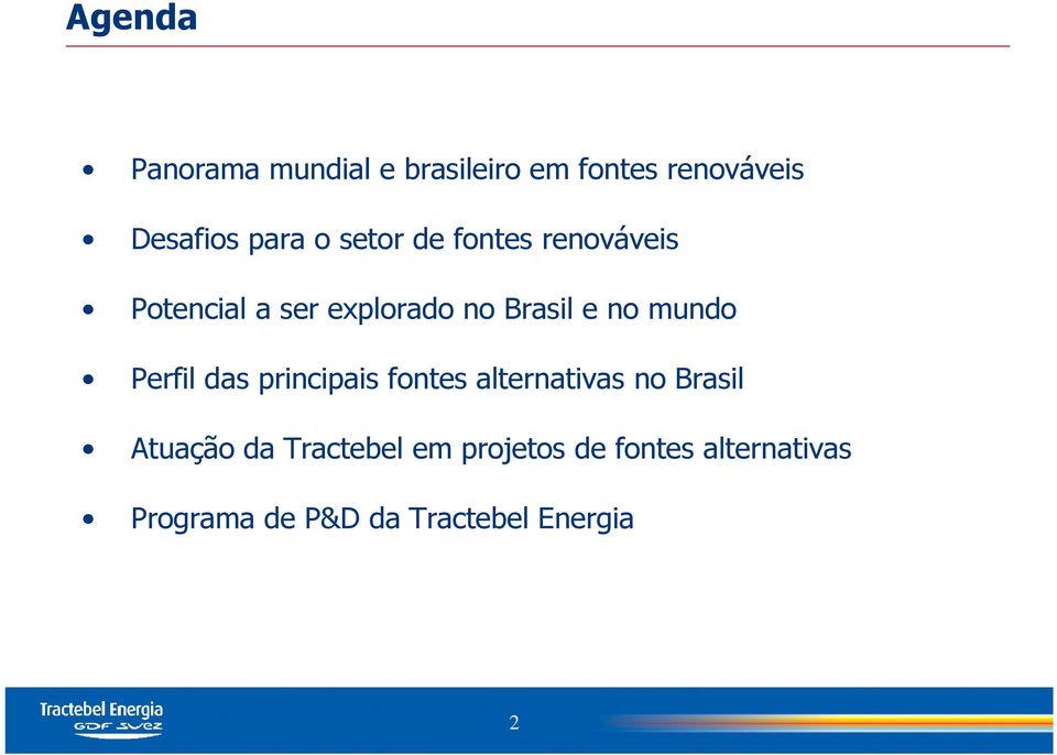 Perfil das principais fontes alternativas no Brasil Atuação da Tractebel