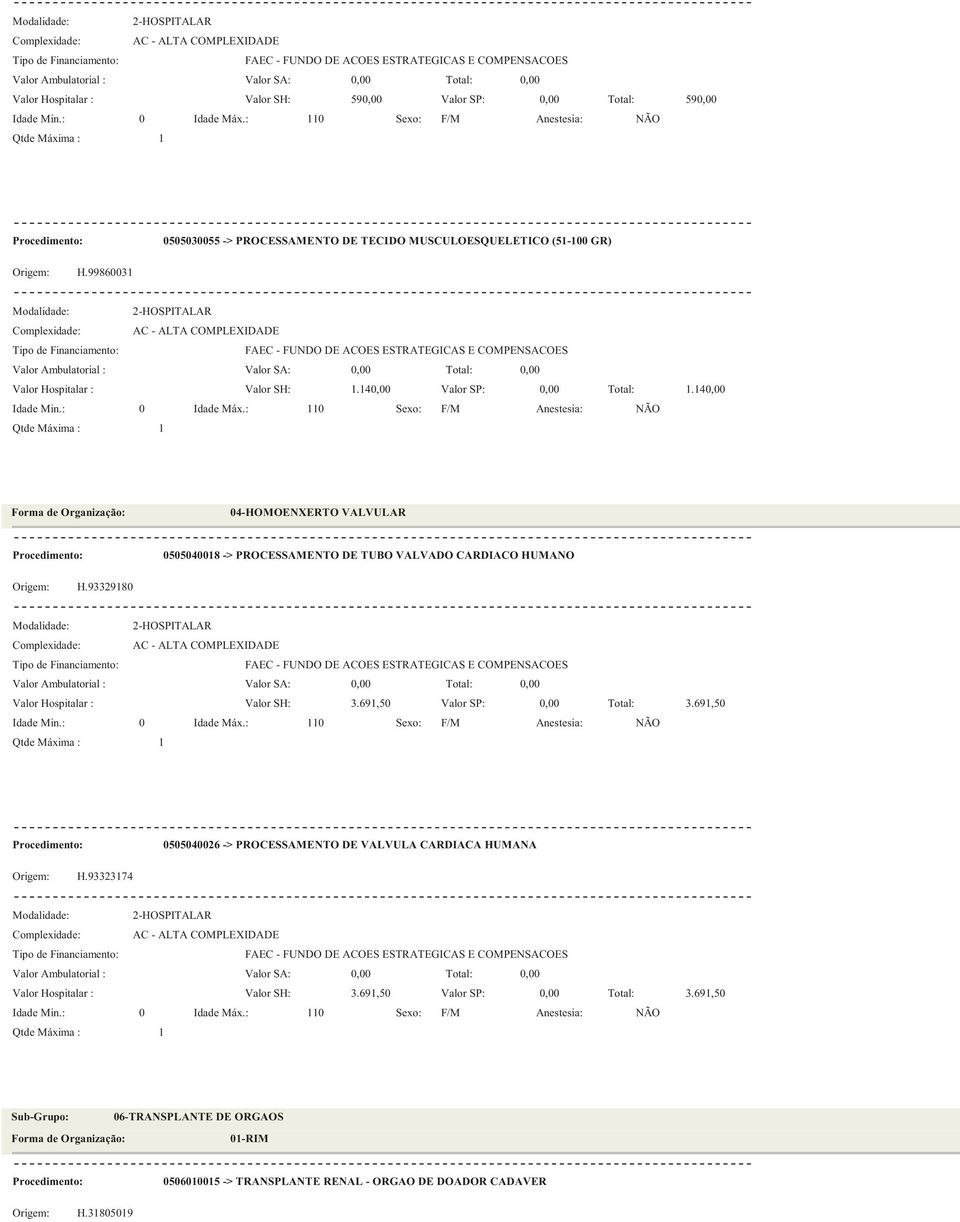 93329180 0505040018 -> PROCESSAMENTO DE TUBO VALVADO CARDIACO HUMANO 3.691,50 Valor SP: 3.691,50 Origem: H.