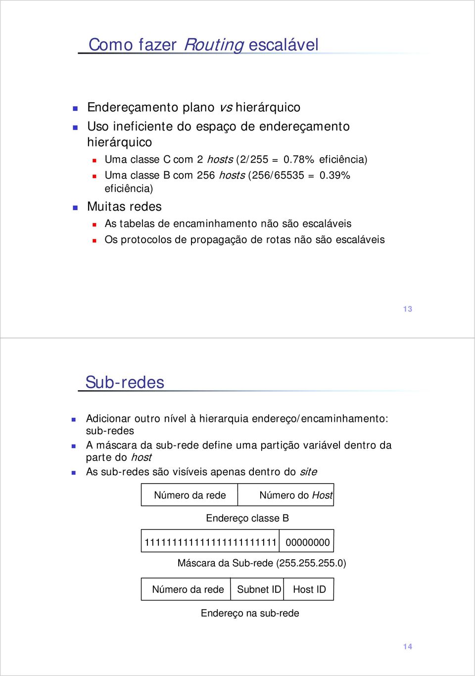 39% eficiência) Muitas redes As tabelas de encaminhamento não são escaláveis Os protocolos de propagação de rotas não são escaláveis 13 Sub-redes Adicionar outro nível à hierarquia