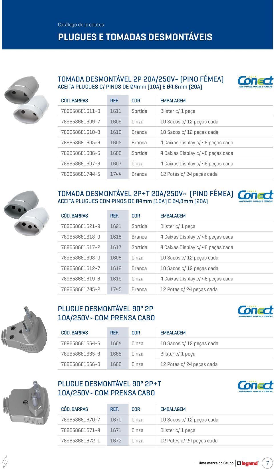 peças cada 789658681607-3 1607 Cinza 4 Caixas Display c/ 48 peças cada 789658681744-5 1744 Branca 12 Potes c/ 24 peças cada TOMADA DESMONTÁVEL 2P+T 20A/250V~ (PINO FÊMEA) ACEITA PLUGUES COM PINOS DE