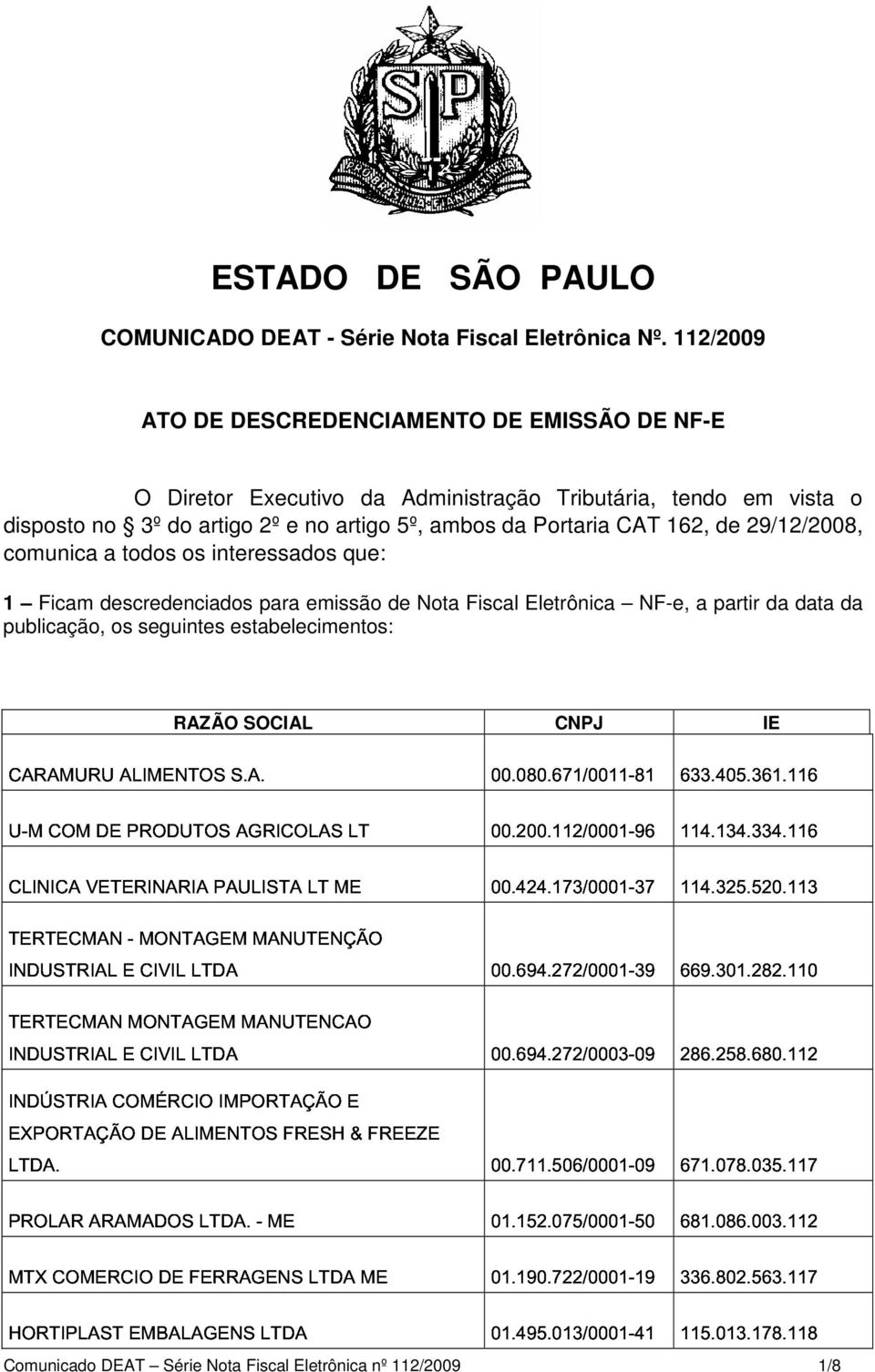 29/12/2008, comunica a todos os interessados que: CARAMURU ALIMENTOS S.A. 00.080.671/0011-81633.405.361.116 INDUSTRIAL INDUSTRIAL E CIVIL CIVIL LTDA LTDA 00.694.272/0001-39 00.694.272/0003-09669.301.