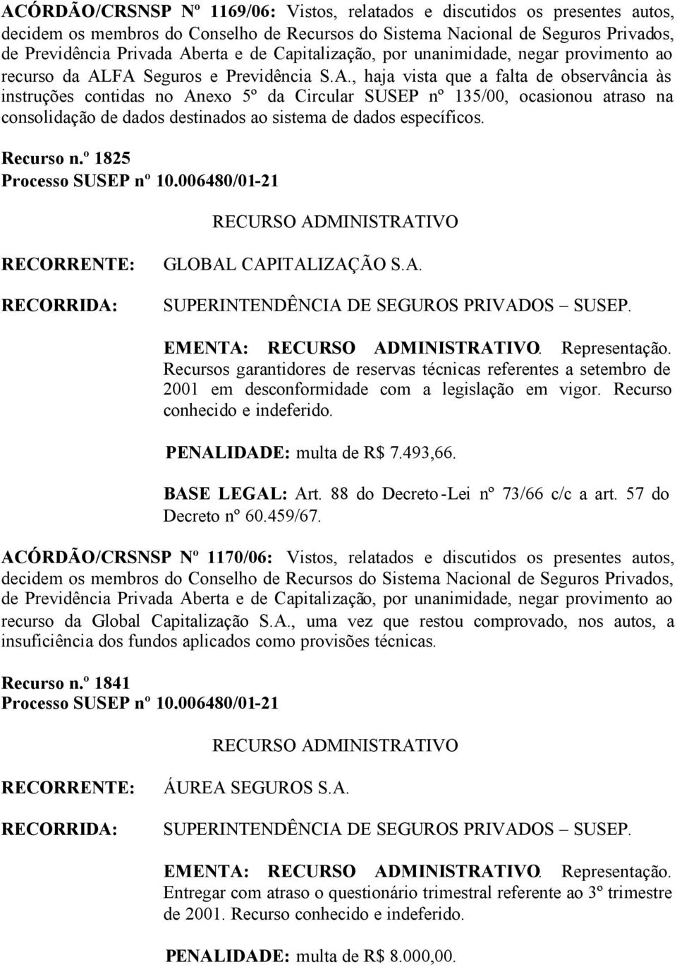 , haja vista que a falta de observância às instruções contidas no Anexo 5º da Circular SUSEP nº 135/00, ocasionou atraso na consolidação de dados destinados ao sistema de dados específicos. Recurso n.