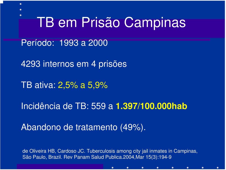 000hab Abandono de tratamento (49%). de Oliveira HB, Cardoso JC.