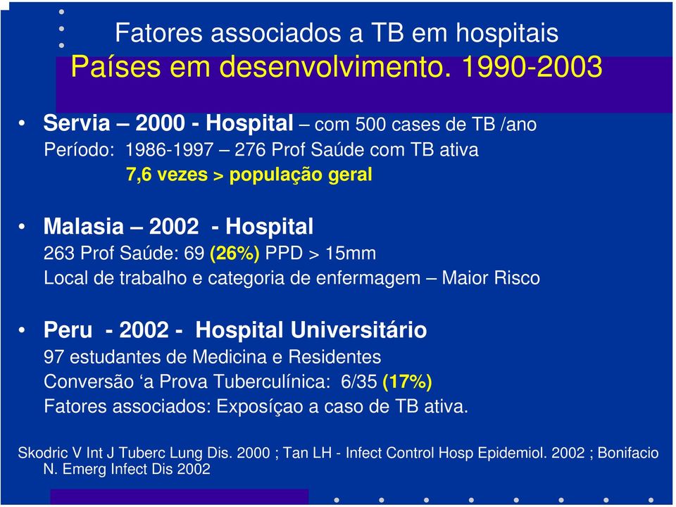 Hospital 263 Prof Saúde: 69 (26%) PPD > 15mm Local de trabalho e categoria de enfermagem Maior Risco Peru - 2002 - Hospital Universitário 97