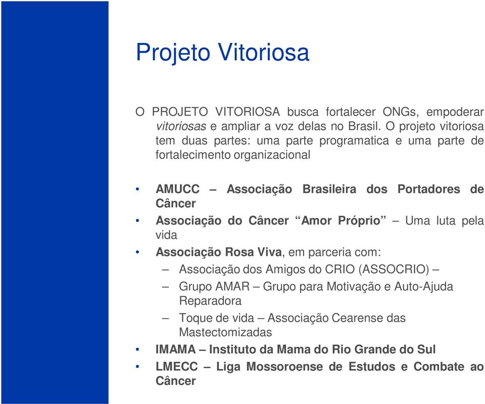 Câncer Associação do Câncer Amor Próprio Uma luta pela vida Associação Rosa Viva, em parceria com: Associação dos Amigos do CRIO (ASSOCRIO) Grupo AMAR